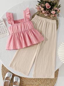 SHEIN Genkimix Kids Young Girl Solid Color Ruffle Top And Wide Leg Pants Casual 2 Pieces Set - Multicolor - View 2