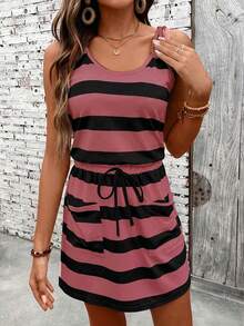 EMERY ROSE Women's Casual Striped Drawstring Waist Sleeveless Dress, Summer - Red Violet - View 3