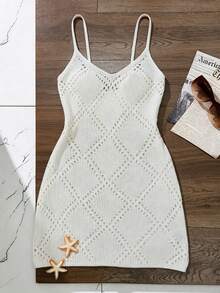 Swim Vcay Damen Aprikot gestricktes Diamantmuster Kurzes Slip Kleid, eleganter Urlaubsstil - Aprikosenfarben - Übersicht 5