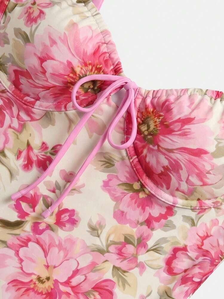 Pink Peonie Floral Print One Piece Swimsuit, Underwired Bust And Tie At The Front Holiday Swimwear Pink Beachwear