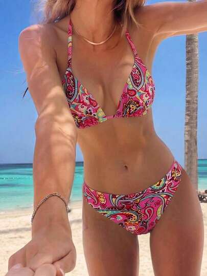 Swim Mod Bộ bikini gợi cảm buộc dây cổ, họa tiết hạt điều, dành cho nữ, mùa hè, họa tiết ngẫu nhiên.