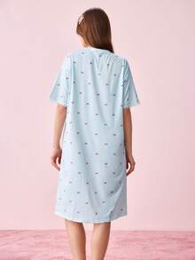 Bonmuse White 3D Bow Striped Short Sleeve Nightgown, Romantic Style Suitable For Spring & Summerfor Summer - White - View 2