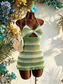 INAWLY Sexy Boho Swimsuit Cover Up, European And American Beach Resort Style Sexy Bikini With Tie-Up Stripes And Open Back Green Striped Summer - Multicolor - View 7