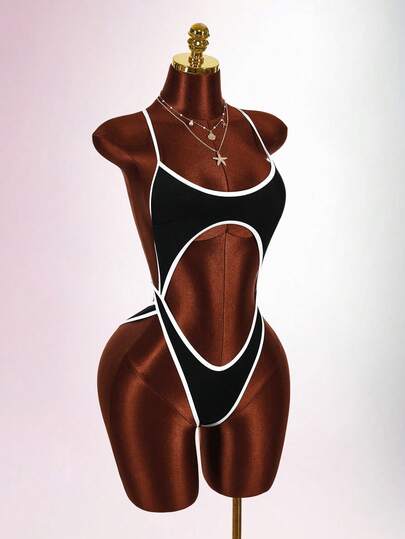 Amplova Women's Backless Contrast Trim One-Piece Swimsuit, Suitable For Vacation, Valentine's Day Outfit, Sexy Summer Clothes Festival Outfits For Women Wedding Guest  Beach Graduation Going Out Tops Prom Birthday Outfits For Women