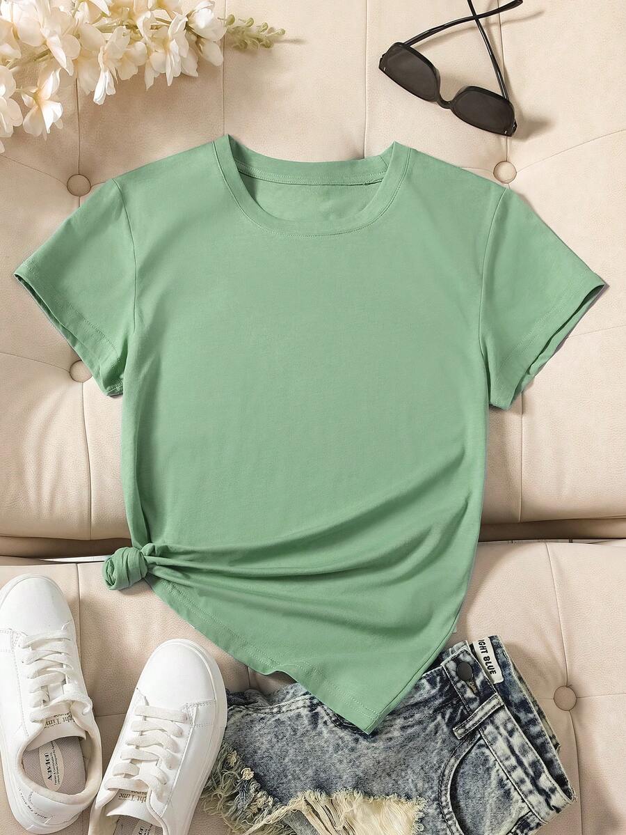 Resyla Camiseta de manga corta con cuello redondo para mujer, unicolor y diseño simple, adecuada para uso diario - verde menta - Ver 1