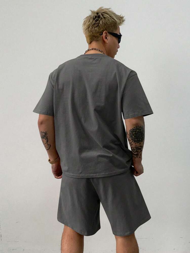 Summer Solid Grey Regular T-Shirt & Shorts For Men, Cozy Outfits
