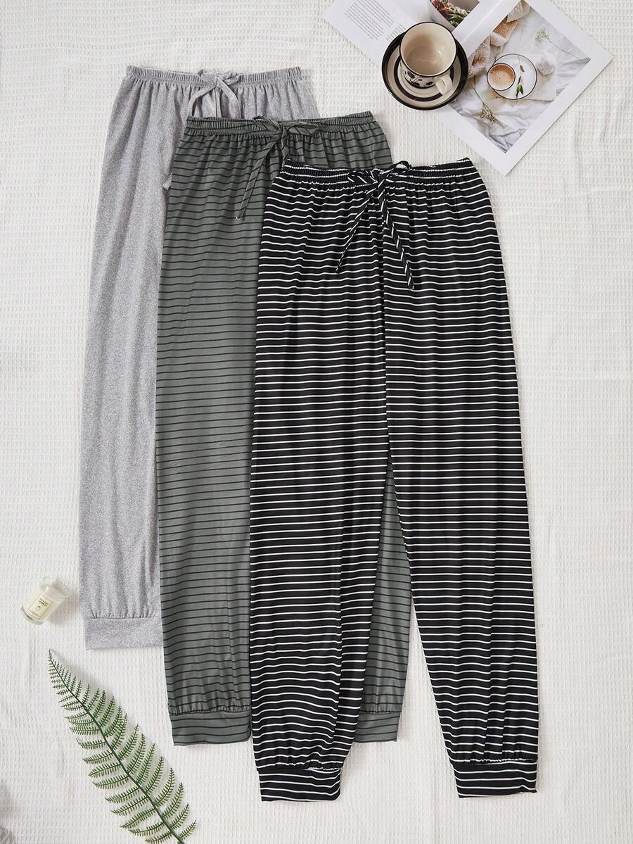 SHEIN 女士休闲抽绳裤三件装,简约风格,三种颜色可选 - 彩色 - 查看 1