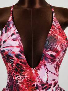Swim SXY Bộ đồ đi biển mùa xuân/hè 26SS dành cho nữ, kiểu liền thân, gợi cảm, thanh lịch, lãng mạn, thích hợp cho kỳ nghỉ trên đảo, họa tiết da báo neon rực rỡ, cổ chữ V sâu, lưng hở nhiều dây, chân cắt cao, áo liền quần. - Nhiều màu - Xem 7