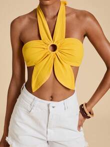 Travachic Women's Fashion Versatile Pleated Circular Hollow Halter Neck Tie Blouse,Summer Top - Yellow - View 6