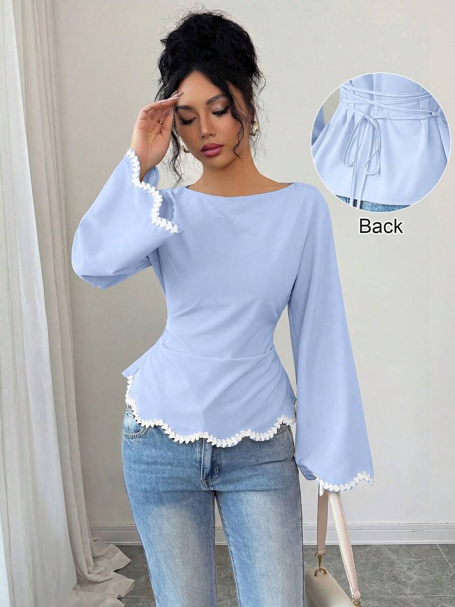 Elenzga 1pc Women's Spring/Summer Wavy Heart Woven Trim Ruched Waist Blouse - Baby Blue - View 1
