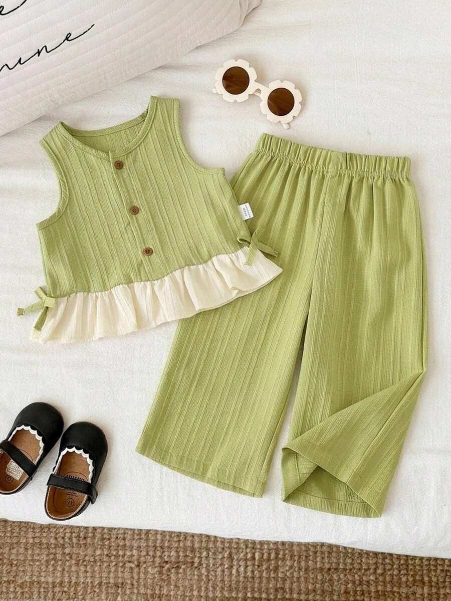 SHEIN Bộ 2 món cho bé gái, kiểu dáng dễ thương, chất liệu vải dệt họa tiết, gồm áo trắng có nơ và quần ống rộng cạp chun in hình bướm, thích hợp cho kỳ nghỉ hè. - Nhiều màu - Xem 1