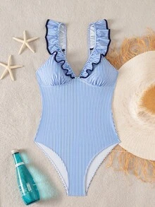 Swim Vcay 2026新款女士夏季沙滩度假优雅蓝白条纹印花荷叶边V领露背休闲性感高衩连体泳衣 - 藍白色 - 查看 3