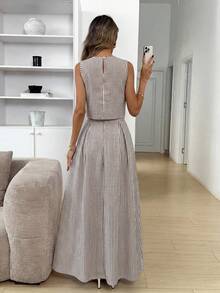 Easowa Bộ áo không tay cổ tròn và chân váy xếp ly chữ A, chất liệu vải crepe kẻ sọc, trang phục công sở/nghỉ dưỡng thanh lịch, thoải mái dành cho nữ, mùa xuân/hè. - Nhiều màu - Xem 5