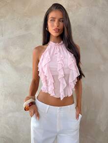 Aloruh New Sexy Backless Lace-Up Design Crop Top, Elegant Purple Layered Ruffle Decor Halter Backless Vest, Summer,Summer Top - Baby Pink - View 3
