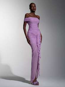 Elitara Vestido elegante, romántico y de moda de tela de malla elástica púrpura con hombros descubiertos, decoración fruncida, abertura frontal elegante para fiesta, vestido de invitada de boda, vestido verde, vestido de dama de honor elegante y de moda - Púrpura malva - Ver 4