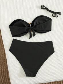 Swim Basics Bộ đồ bơi bikini dây mảnh màu đen đơn giản thoải mái cho kỳ nghỉ bãi biển dành cho nữ có thể tháo rời, quần cạp cao có phụ kiện kim loại - màu đen - Xem 2