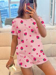 Cute Heart & Strawberry Print, Tween Girls Casual Minimalist Round Neck Short Sleeve Shorts Pajama Set, Suitable For Summer - Multicolor - View 3