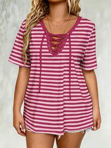 EMERY ROSE Plus Size Simple Striped Print Drawstring Short Sleeve T-Shirt, Summer - Multicolor - View 3