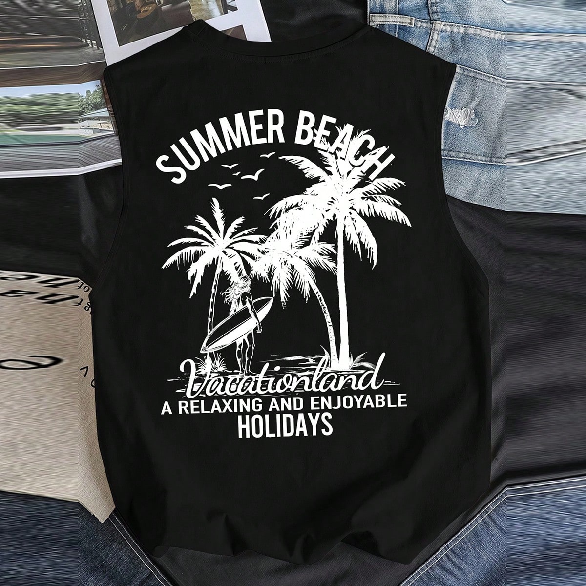 Camiseta sin mangas de cuello redondo con estampado de palmeras para hombre de talla grande, vacaciones, festivo