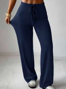 SHEIN EZwear 2件套女士休闲双色抽绳腰弹力直筒裤套装 - 藏蓝色 - 查看 10