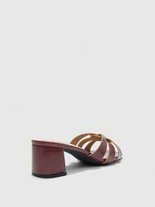 CUCCOO BIZCHIC Ladies Burgundy Crossed Thick High Heel Sandals, Square Head Comfort High Heel Sandals Commuter Style Sandals - Burgundy - View 6