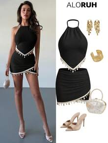 Aloruh Setelan Atasan Wanita Model Halter Neck Camisole dengan Hiasan Kerang dan Rok dengan Hem Asimetris, Pakaian Musim Panas untuk Wanita - Hitam - View 7