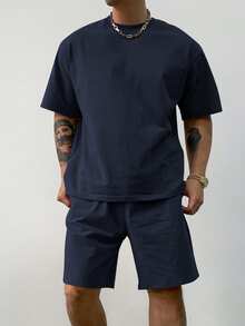 DAZY 男士夏季纯色海军蓝常规T恤和短裤套装，舒适服装 - 藏蓝色 - 查看 6