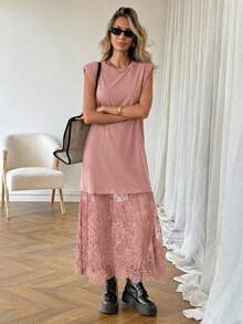 SHEIN LUNE Women's Casual Solid Color Lace Patchwork Sleeveless Long Dress, Basic Outfit For Spring/Summer Daily Wear Date, Commuting And Outings Dusty Pink - Dusty Pink - View 4