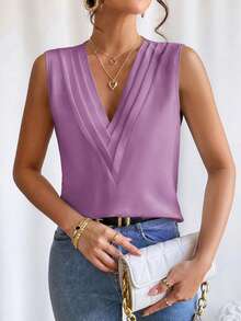 EMERY ROSE Casual Solid Color Sleeveless Shirt For Summer Women's Outfits Blouse Women Elegant Tops Beautiful Top,Summer Classy - Purple - View 5
