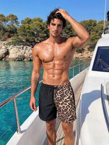 Manfinity KASUA Pantalones cortos de playa para hombre con estampado de leopardo, color de contraste, bolsillos inclinados y cintura con cordón, para vacaciones - Multicolor - Ver 4