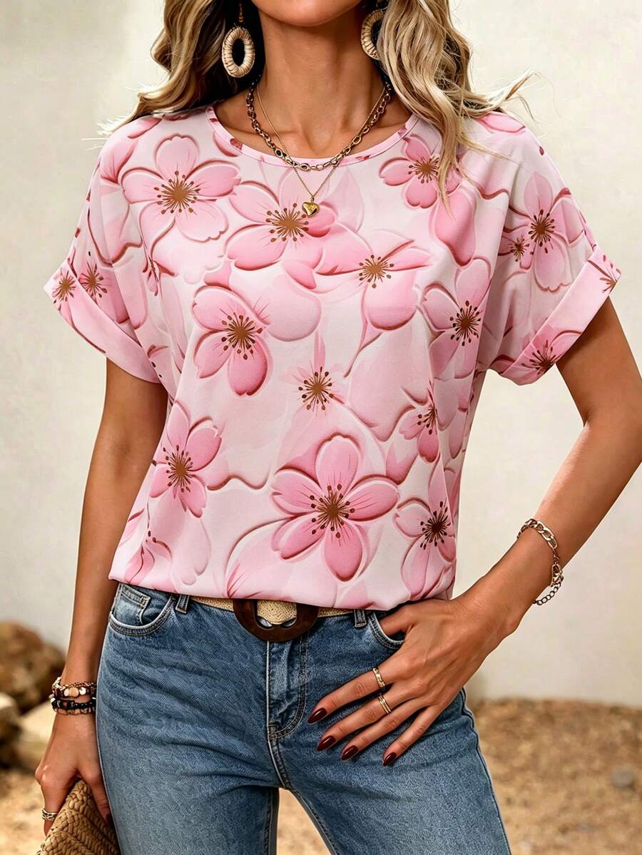SHEIN Clasi 女士印花圆领短袖休闲衬衫 - 彩色 - 查看 1
