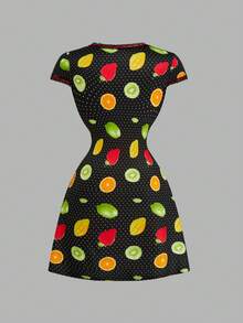Flirla Plus Size Fruit Polka Dot Print Waist Flare Dress Vacation Summer 90s 1960s 80s Party Black - Multicolor - View 10