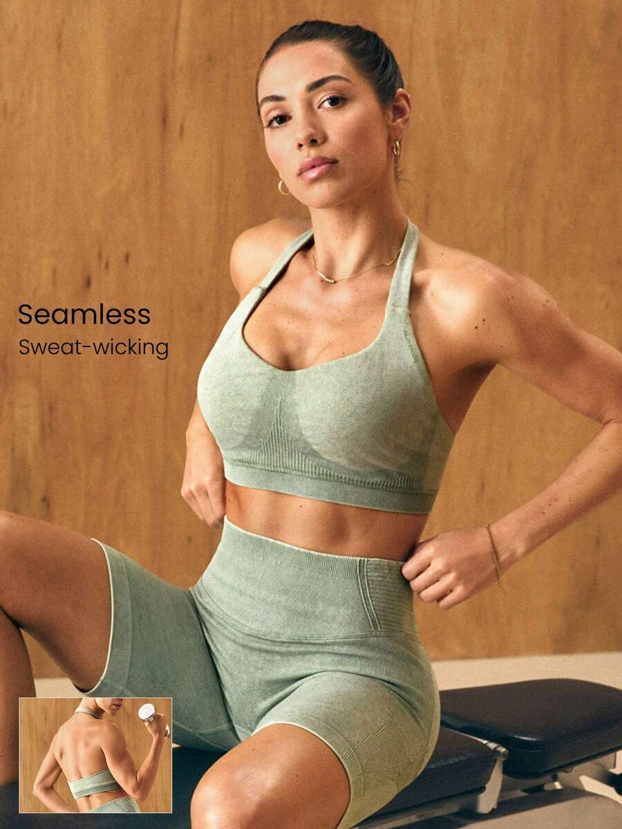 GLOWMODE Ultrafine Soft Seamless Halo Ribbed Support Open Back Thick Straps Halter Sports Bra Workout Gym - Green - View 1