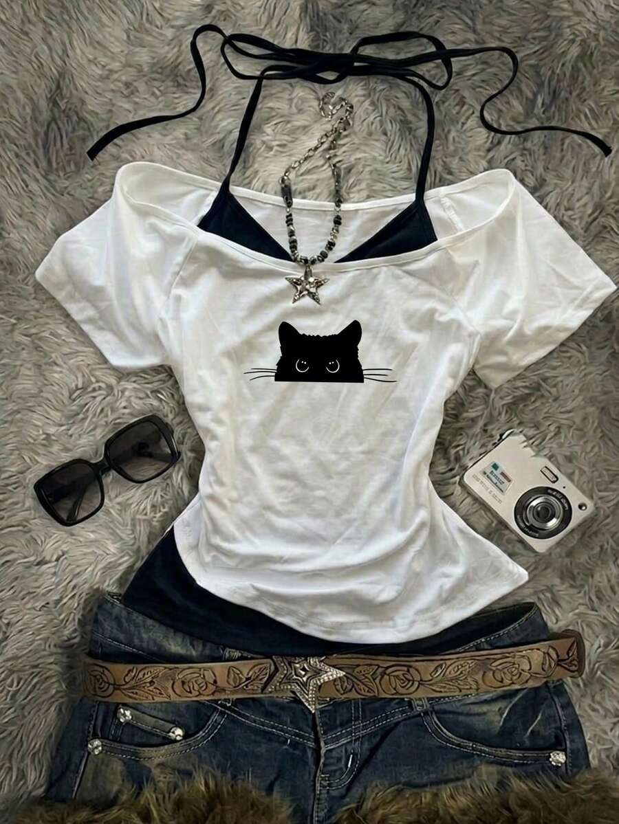 Attitoon Kaos Kasual Minimalis Bergambar Kucing Hitam Lucu, Kaos Lengan Pendek Blok Warna Retro untuk Wanita, Cocok untuk Musim Panas, Atasan Musim Panas - MultiWarna - View 1