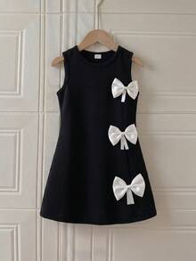 PrepCrw Black Sleeveless Knit Casual Dress For Young Girls, With Bow Tie, Minimalist Design, Suitable For Summer Daily Wear - Black - View 1