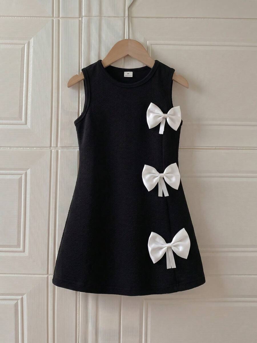 PrepCrw Black Sleeveless Knit Casual Dress For Young Girls, With Bow Tie, Minimalist Design, Suitable For Summer Daily Wear - Black - View 1