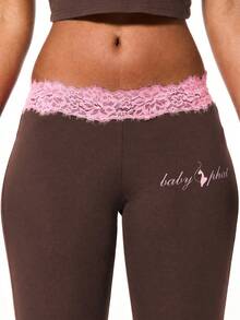 BABYPHAT Quần legging nữ màu nâu có chi tiết ren ở eo, ống loe, kiểu dáng boho, thoải mái mặc hàng ngày. - Màu nâu Sô-cô-la - Xem 6