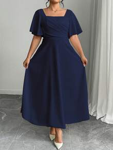 Modelyn Plus Size Navy Blue Summer Elegant Wedding Midi Wrap Dress,Square Neck Flutter Sleeve Cross-Over Bust Waist Cinched A-Line Modest Chic Holiday Outfits - Navy Blue - View 6