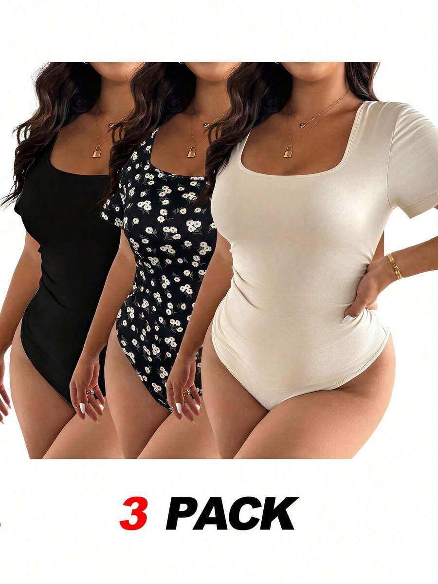 SHEIN Frenchy 3件套加大码女士时尚连体衣，黑色、杏色、咖啡色百搭休闲连体衣 - 彩色 - 查看 1