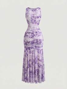 SHEIN MOD Vintage Elegant Bow Print Ruffle Trim Extra Long Dress Party Purple And White Summer - Purple - View 2