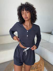 Livesso Women's Button-Up Long Sleeve Top And Drawstring Waist Shorts Pajama Set - Navy Blue - View 6