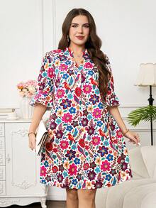 Reflora Đầm cỡ lớn dành cho nữ, in hoa, cổ chữ V, tay bồng. - Màu Hồng Tươi - Xem 6