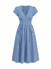 Gownix Vestido feminino xadrez confortável de comprimento midi com bolsos, ideal para o verão. - Azul e branco - Ver 6