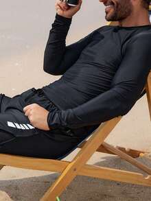DAZY Black Long Sleeve Fitted Suit With Faux Shorts, Vacation Style Men's New Beach Set Summer - Black - View 6