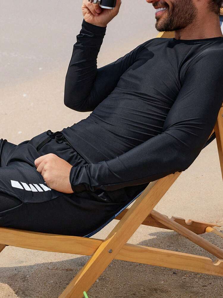 Black Long Sleeve Fitted Suit With Faux Shorts, Vacation Style Men's New Beach Set