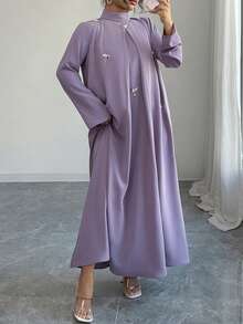 Al Najma Plus Size Women's Rhinestone Decor High Neck Long Sleeve Arabic Style Dress - Dusty Pink - View 6