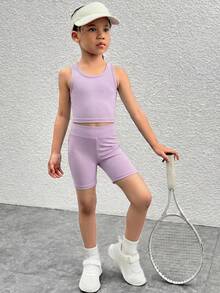 SHEIN 2 piezas Conjunto deportivo de top de tirantes y shorts de unicolor tejido para niña - Verde - Ver 4