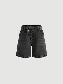 Young Girl Casual Pocketed Button Denim Shorts, Versatile For Daily Wear - Black - View 2