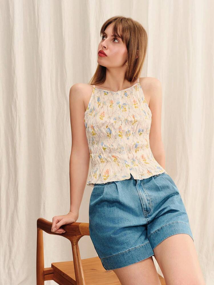 Blusa con escote barco fruncida con estampado floral lindo, top casual de primavera y verano, top para salir, top de estilo francés, top lindo