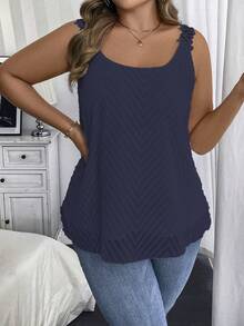 Vionelle Áo tank top cỡ lớn, màu trơn, cổ tròn, kiểu dáng thường ngày, có bèo nhún, thích hợp cho mùa hè. - Màu xanh hải quân - Xem 4
